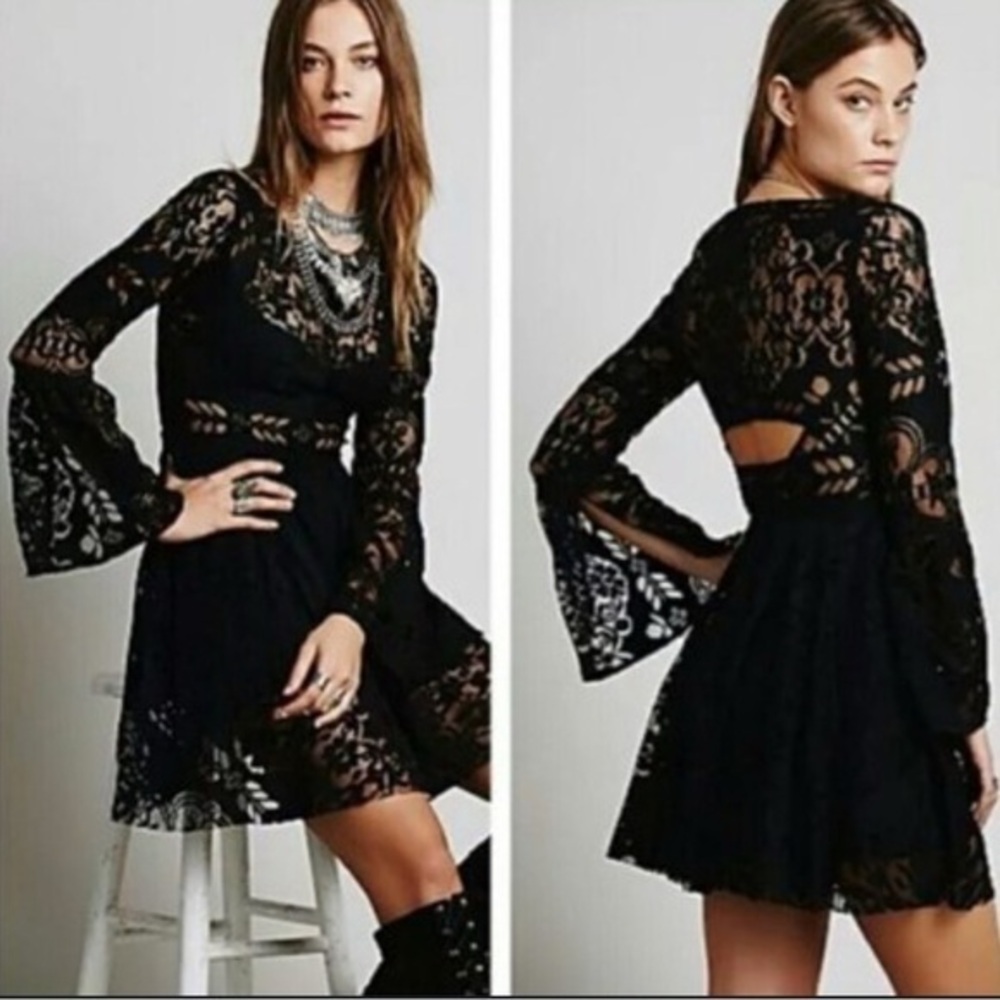 Free People Size 0 Lover’s Folk Song Black Lace Mini Dress Angel Bell Sleeve XXS
